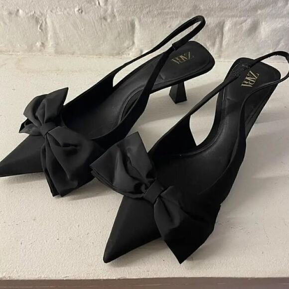 ZARA Black Bow Slingback Heels NWT – Embellished Pointed Toe Pumps, Size 7.5 - Picture 12 of 16